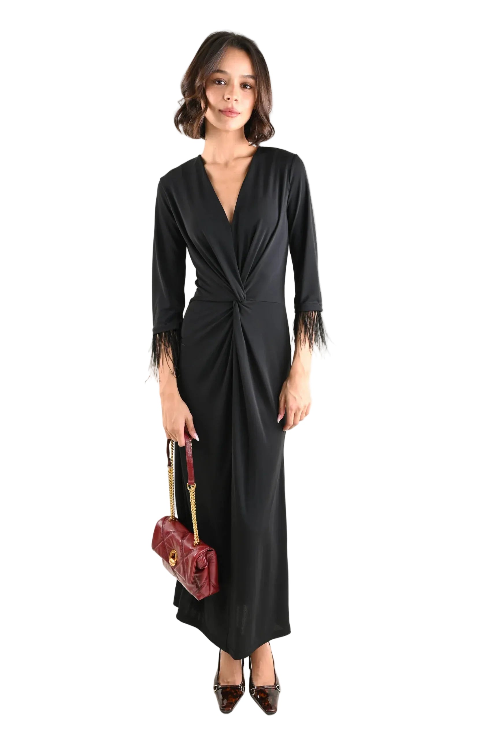 Дълга елегантна рокля с пера на маншетите - NKfashan 