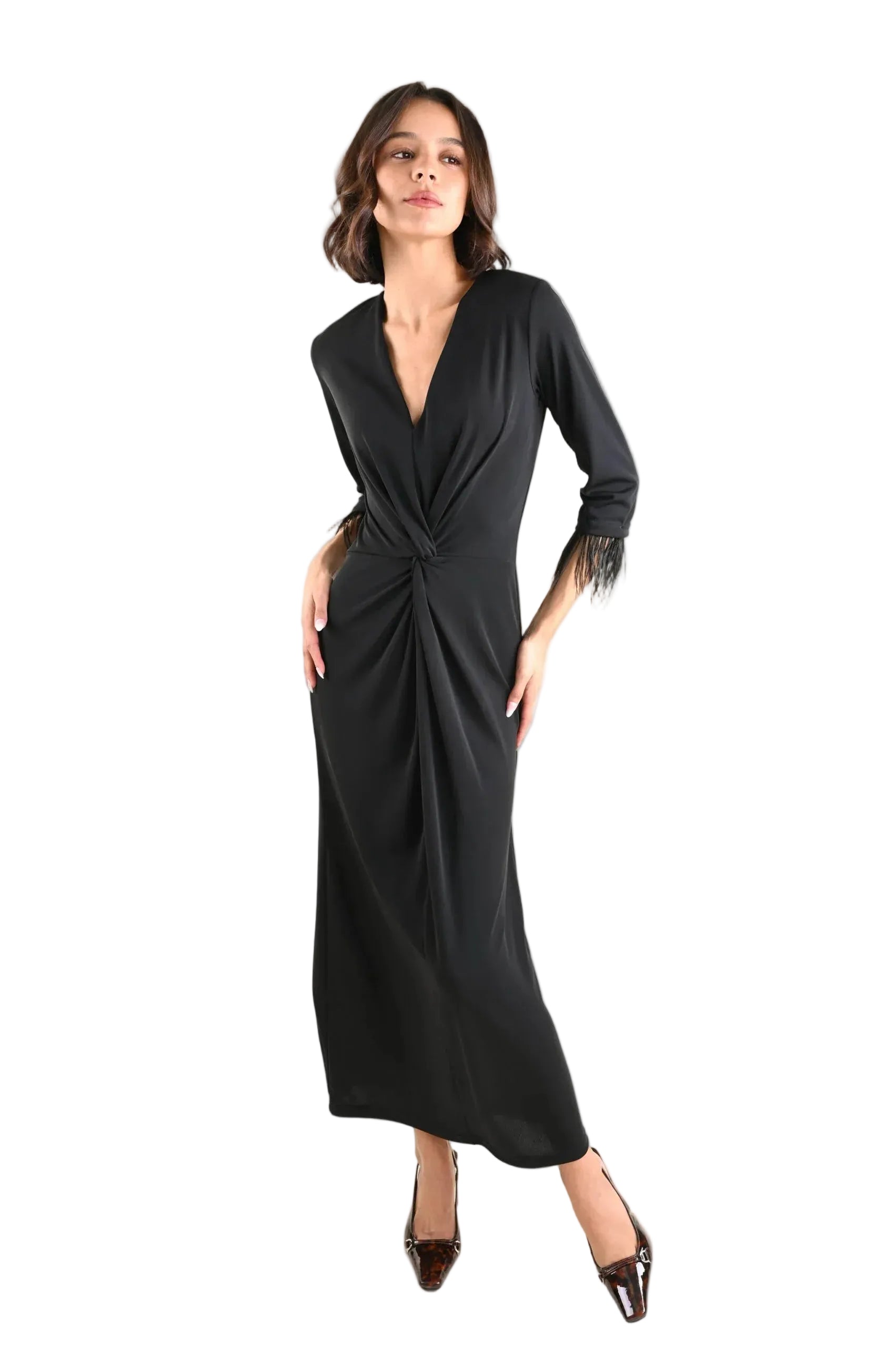 Дълга елегантна рокля с пера на маншетите - NKfashan 