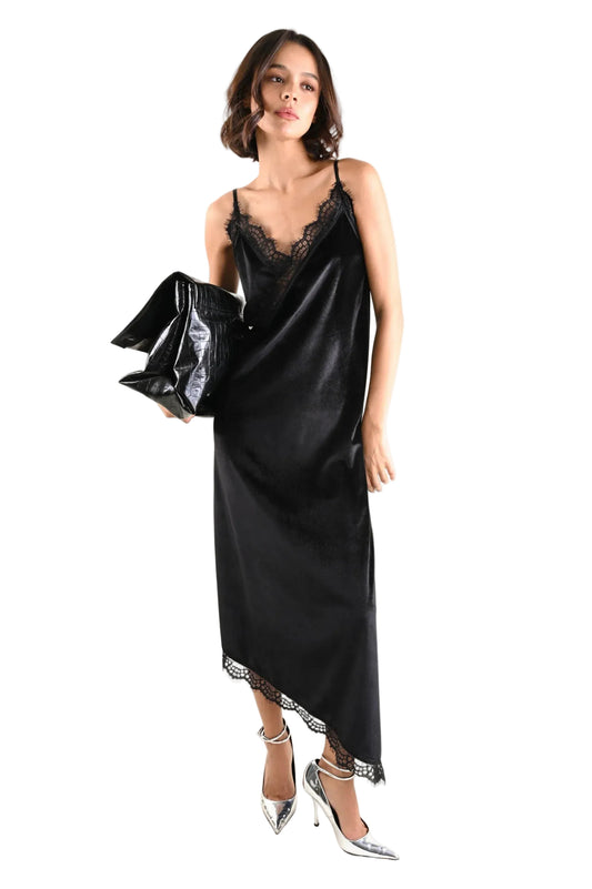 Дълга рокля от кадифе с дантела - NKfashan 